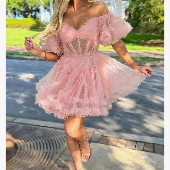 NEW Tiered Tulle Homecoming Dresses Off Shoulder Short Prom Dress RED - Picture 3 of 4